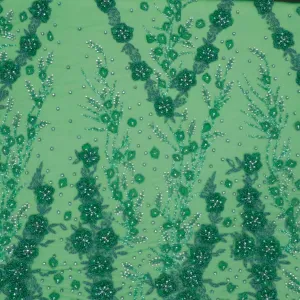 Emerald Green Floral with Bugle Beads and Rhinestones Embroidered Tulle Fabric