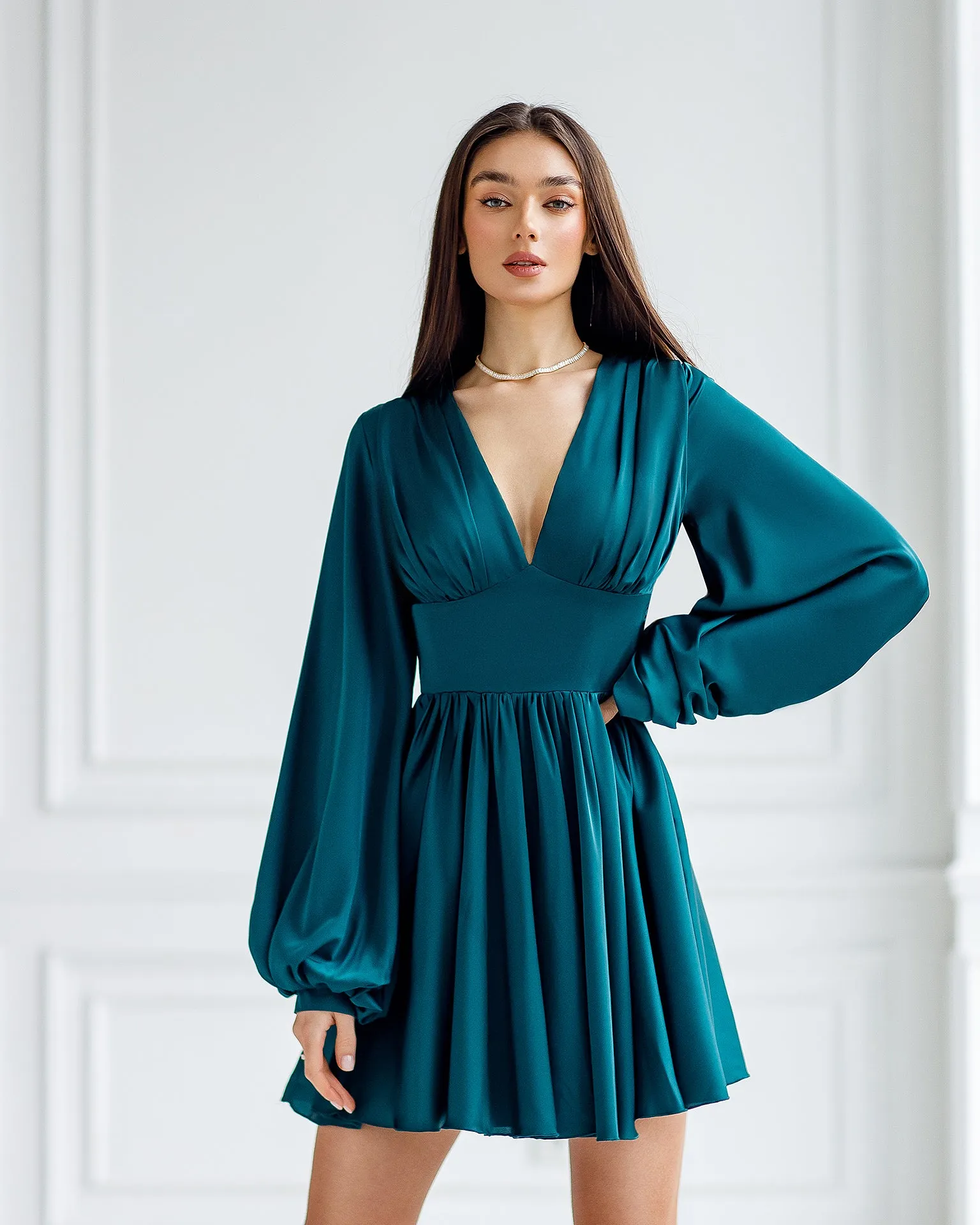 Emerald Silk Puff-Sleeve Mini Dress