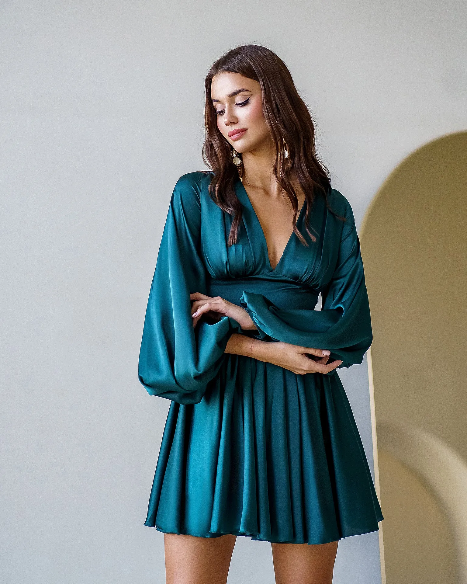 Emerald Silk Puff-Sleeve Mini Dress