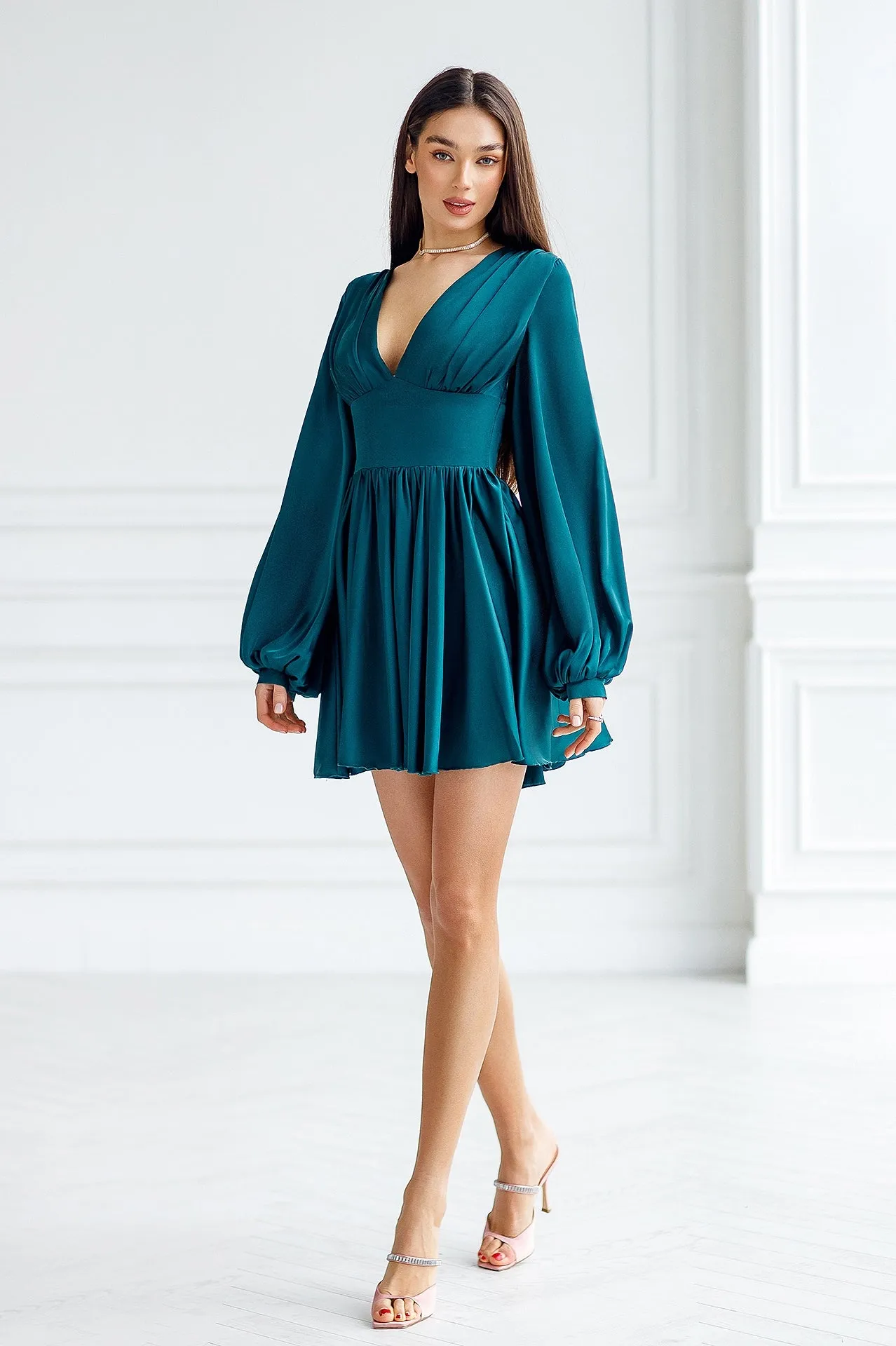 Emerald Silk Puff-Sleeve Mini Dress