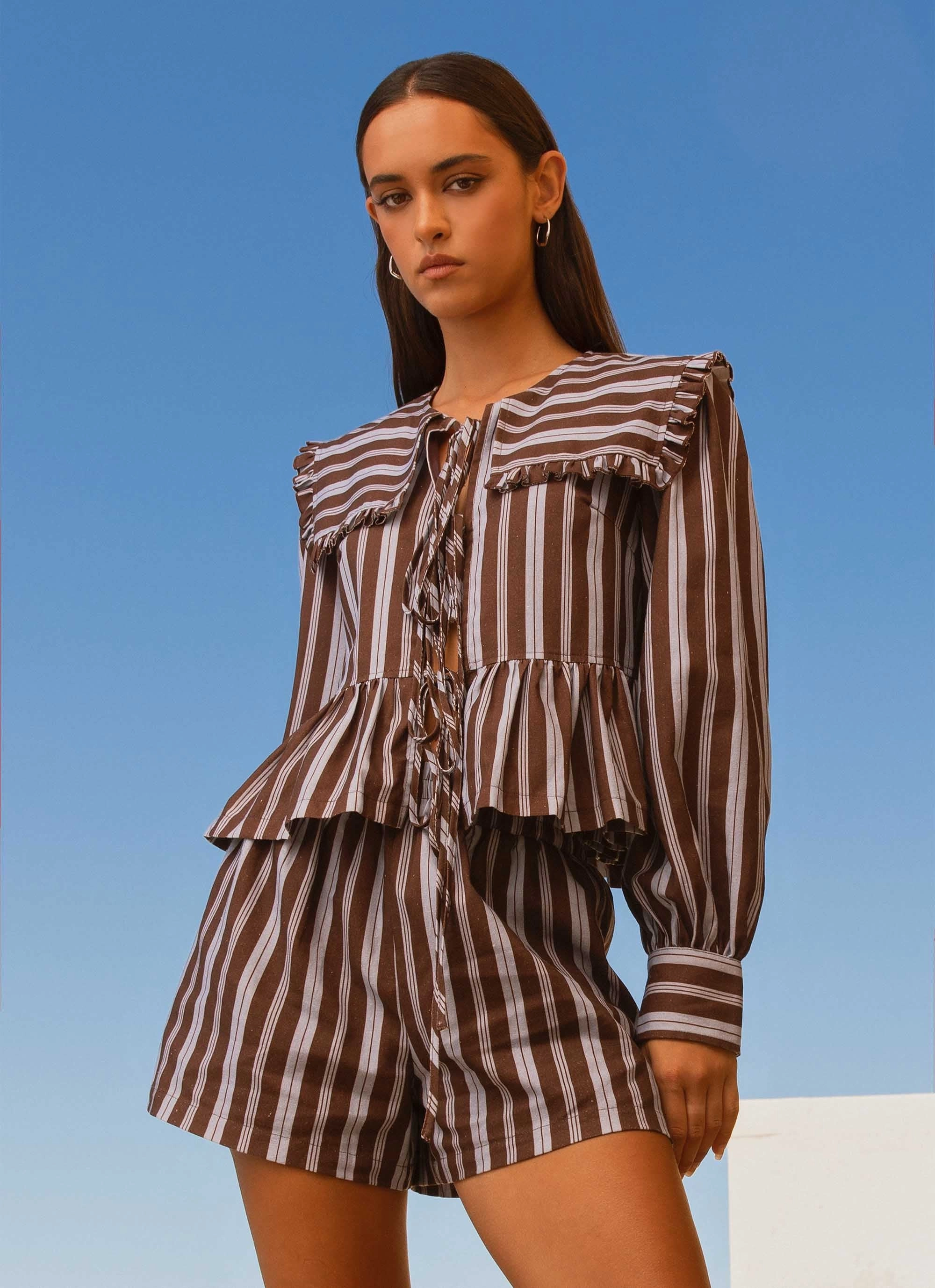 StaticResistantFabric Emerson Tie Front Long Sleeve Top - Purple Brown Stripe