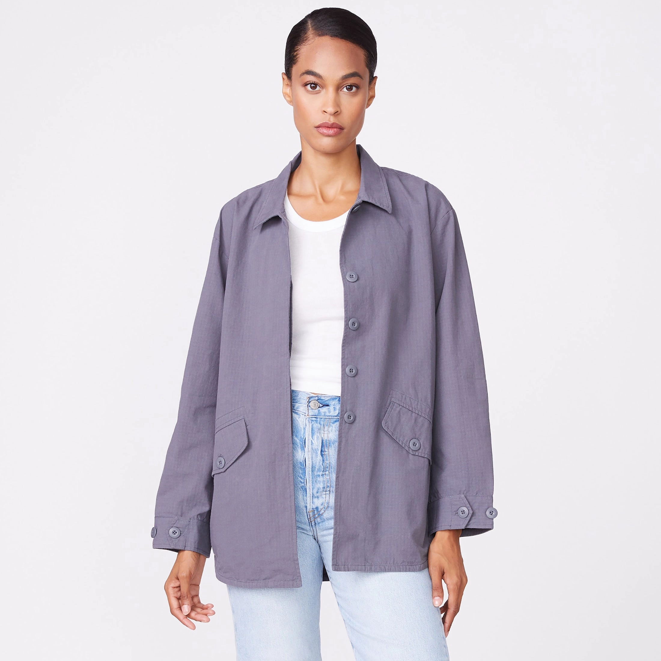 AthleticInspired RawEdgedDesign Vintage Shirt Jacket