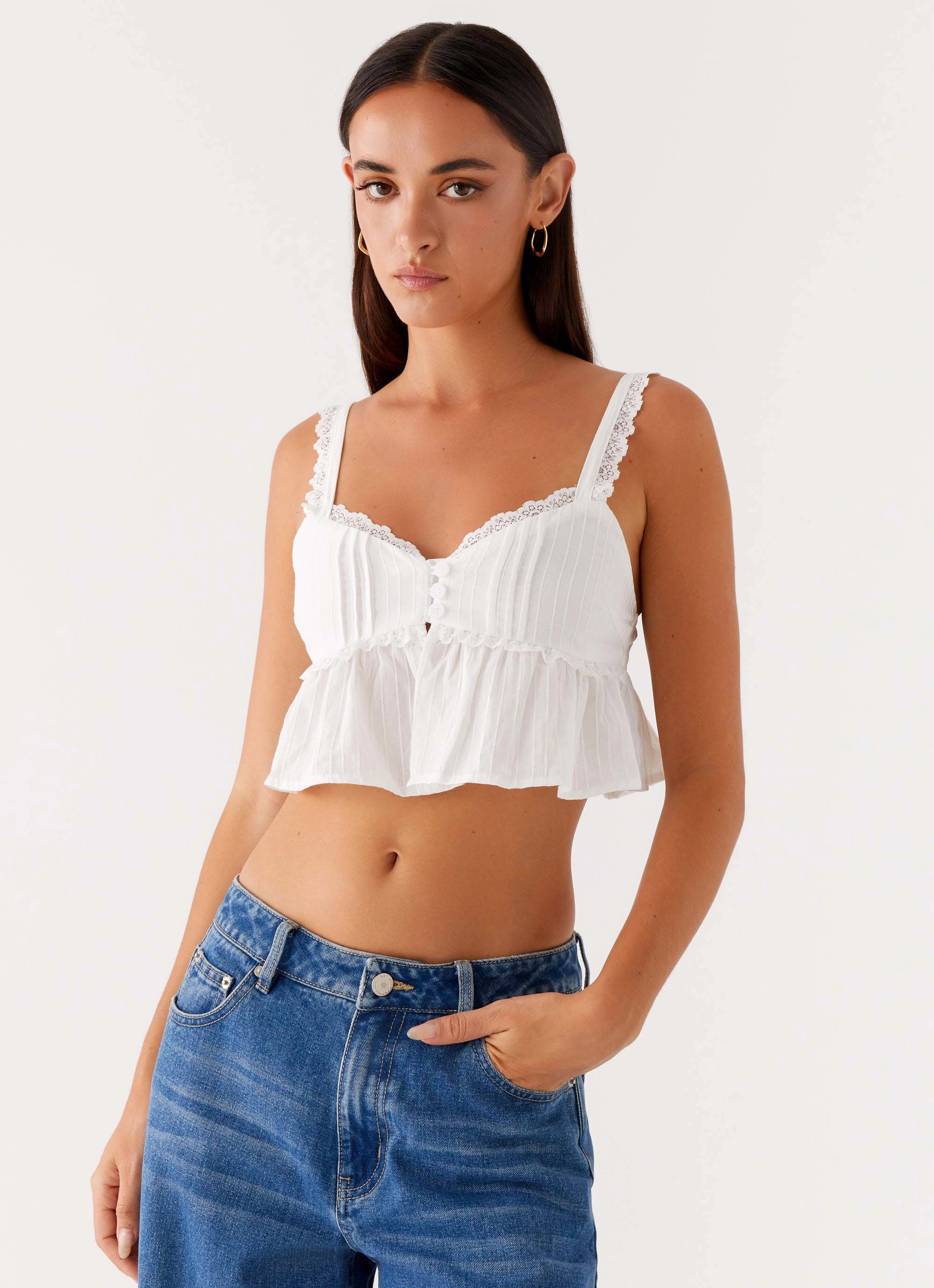 Rolled Hem Finish BreathableMesh Elliana Cami Top - White
