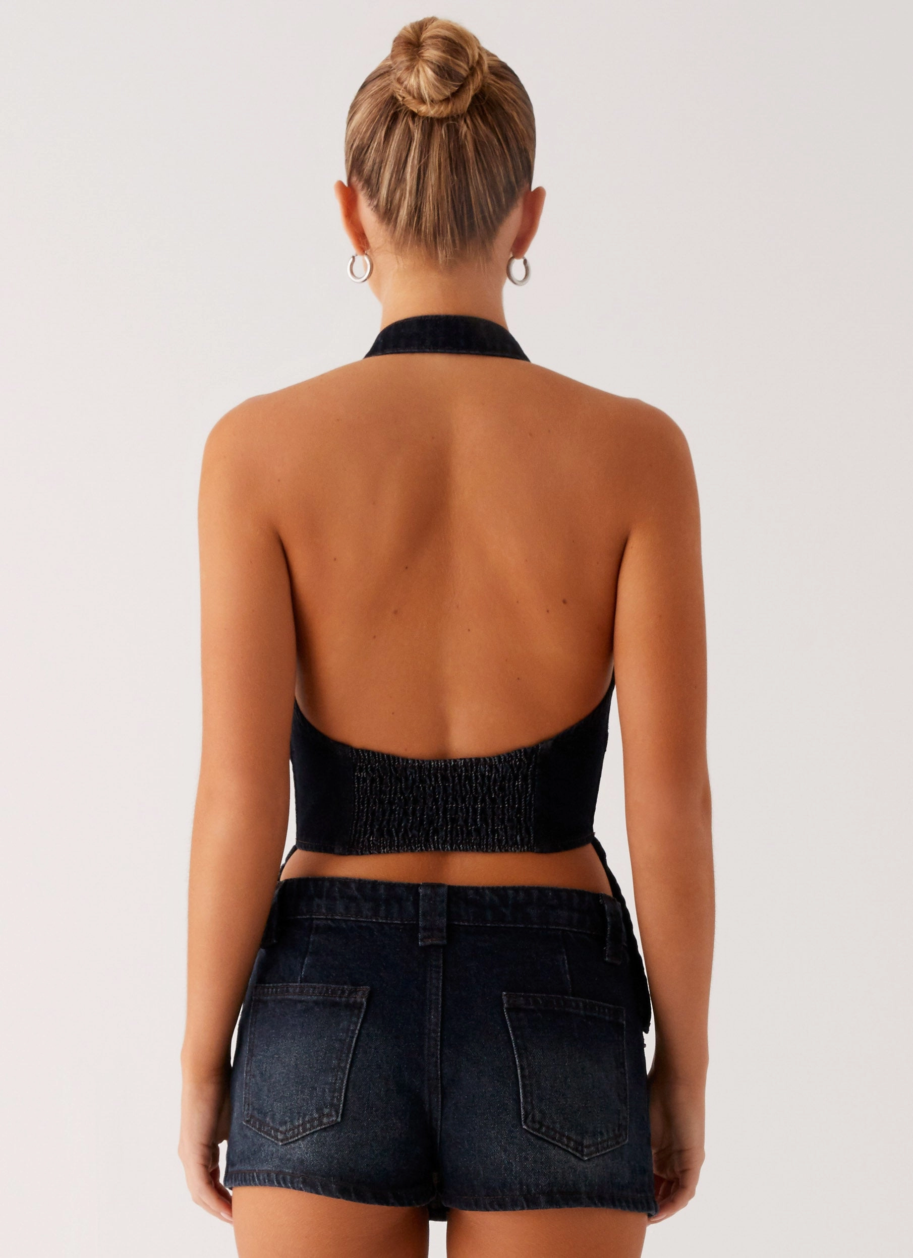 CroppedLength Esma Halter Top - Washed Dark Blue