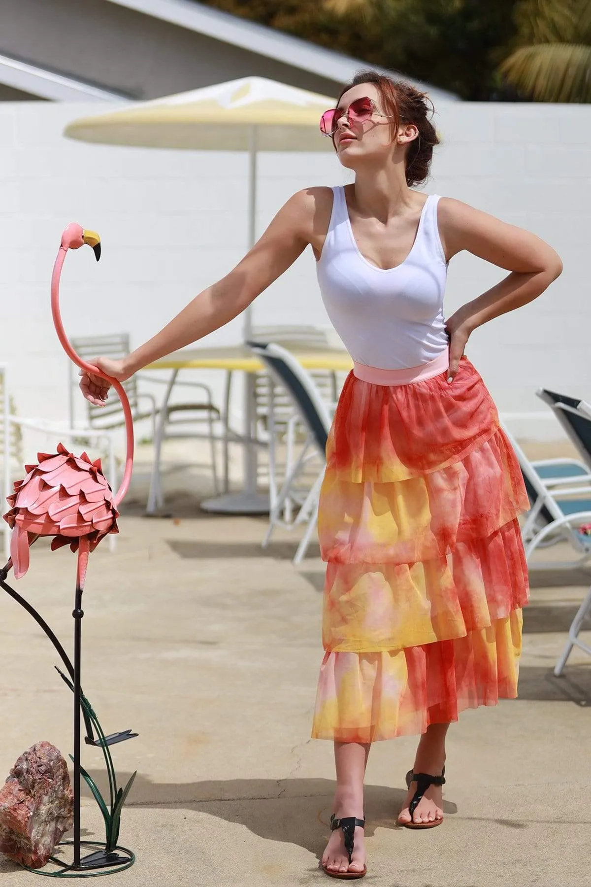 Light Outfit Pleated design Esperanza Tiered Tulle Midi Skirt