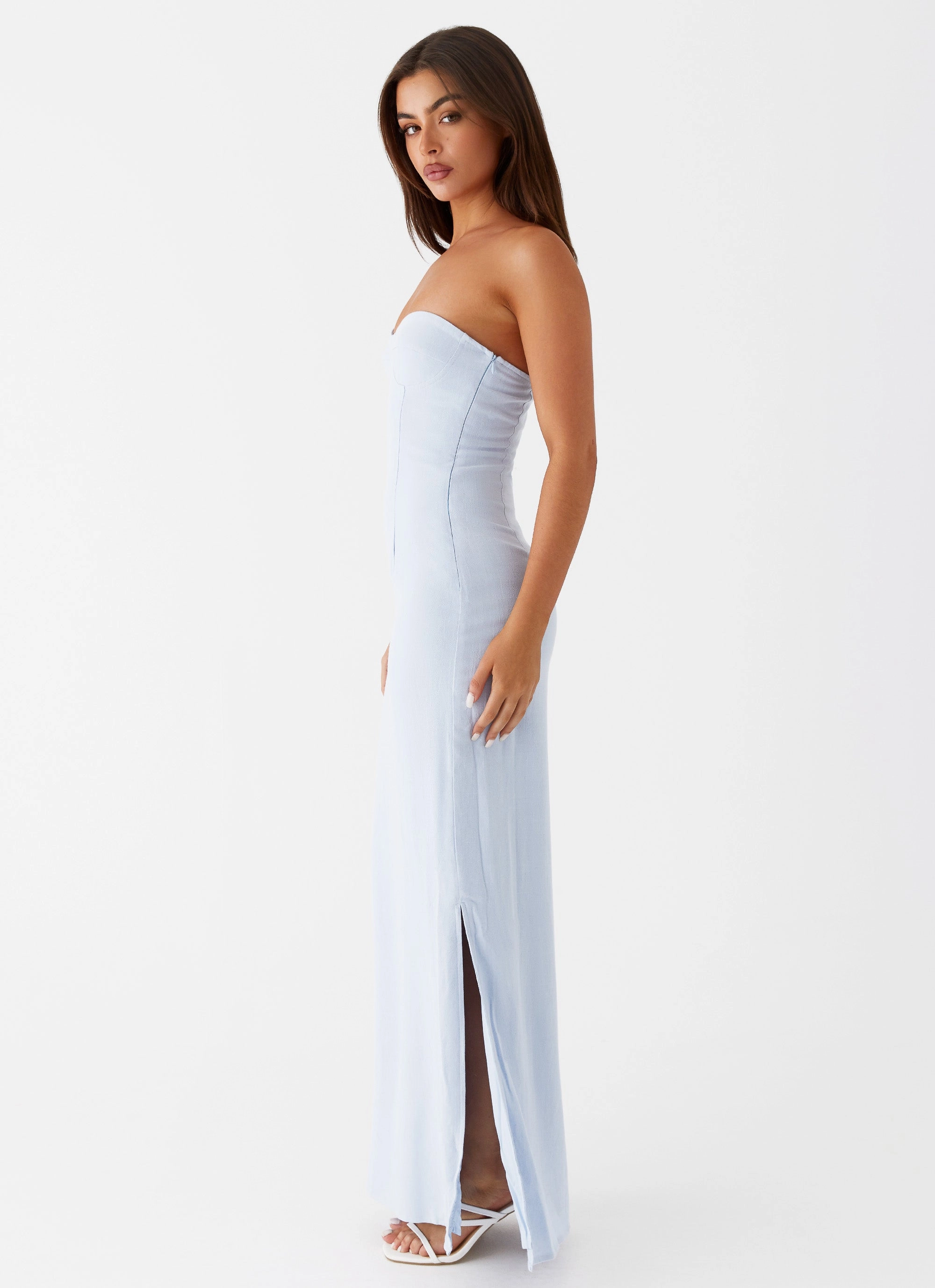 Street Ready Sleek And Stylish Esra Linen Strapless Maxi Dress - Blue