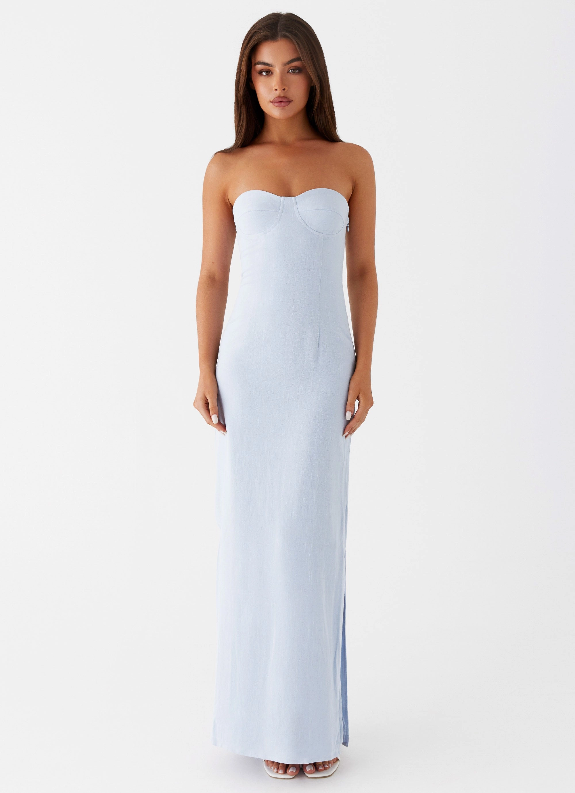 Sustainable-Lining Dual Tones Esra Linen Strapless Maxi Dress - Blue