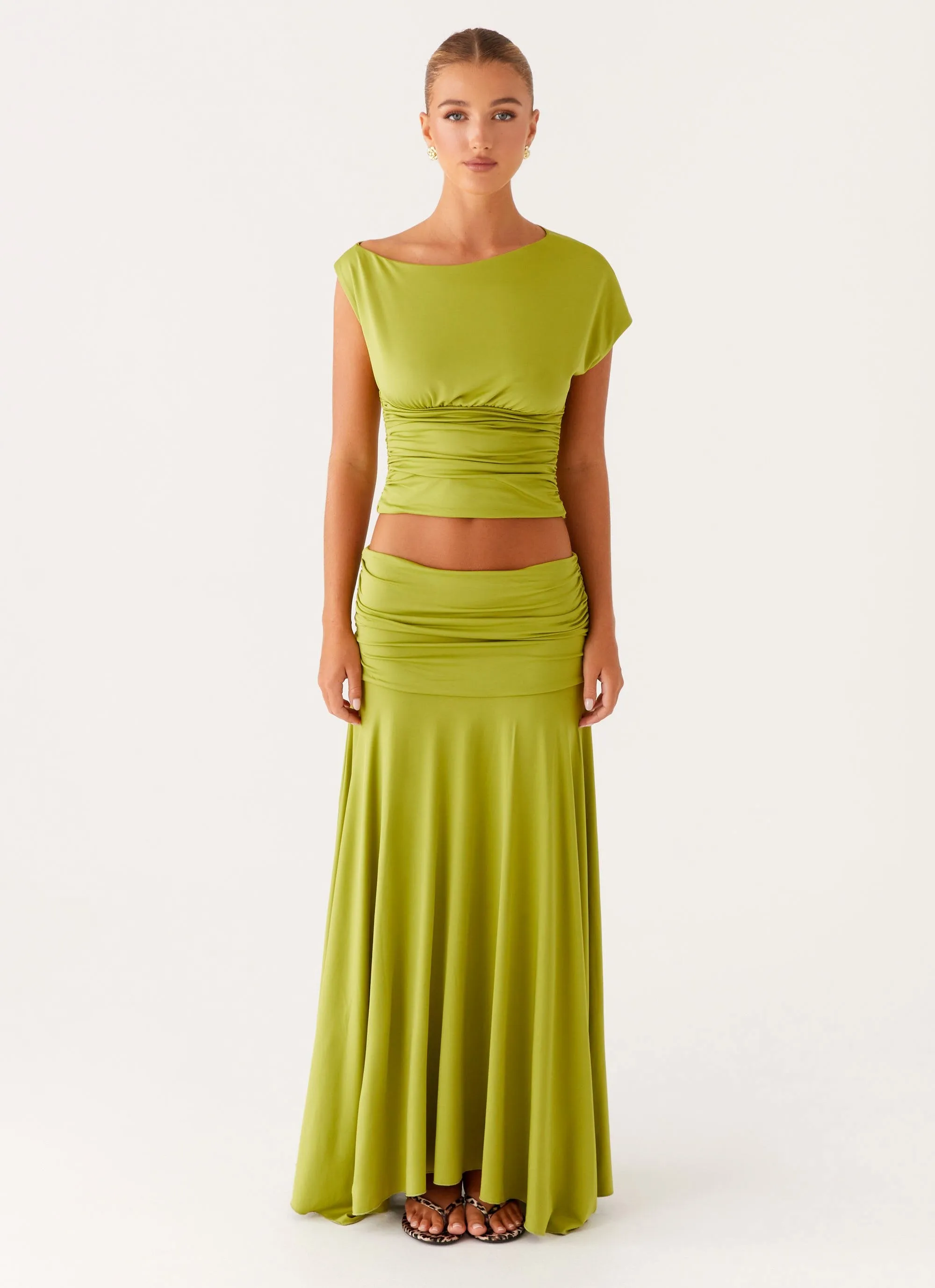 Breathable Mesh Panels Liana Ruched Maxi Skirt - Green