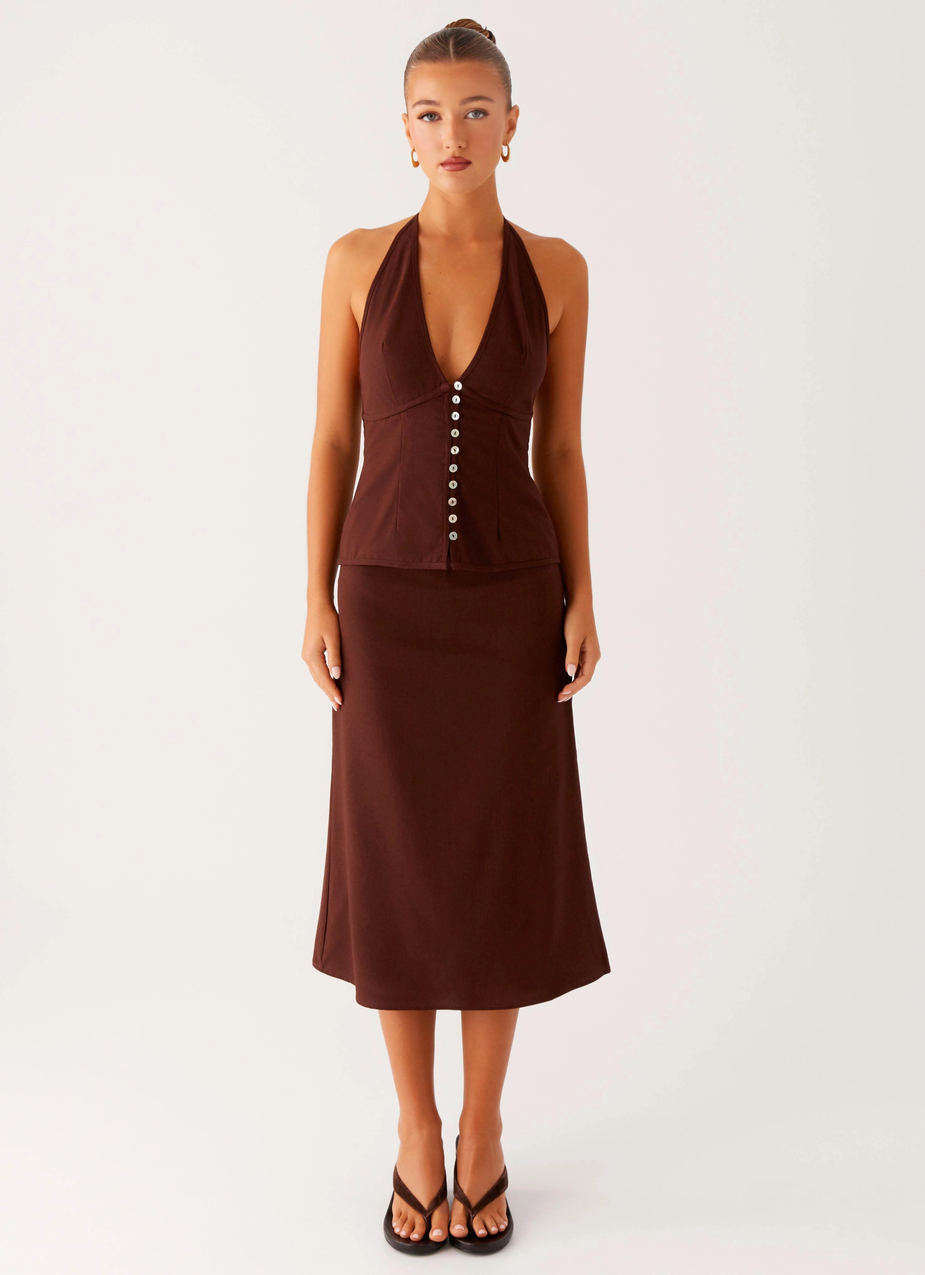 Glossy Texture Esther Midi Skirt - Chocolate