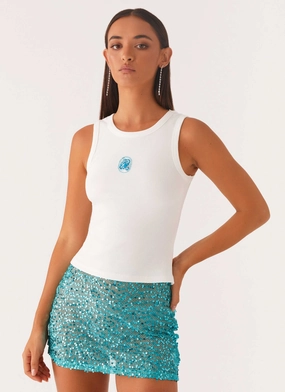 Ethical Labor Practices Signature Beaded Logo Tank - White Friction Resistant Edges Summer Dress Signature Beaded Logo Tank - White