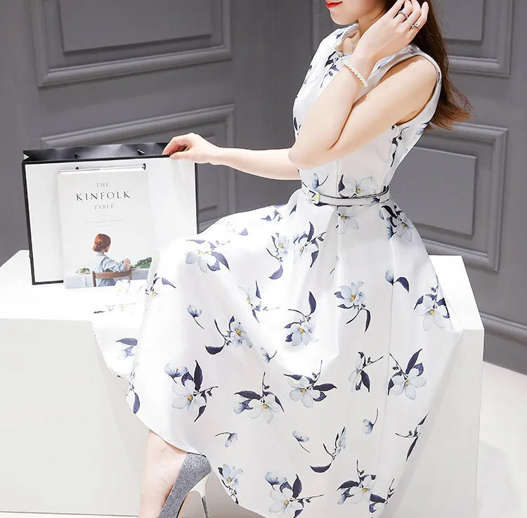Europe Summer Women Korean Printed Mid-Length Sleeveless Slimming Slim-Look A-Line Dress