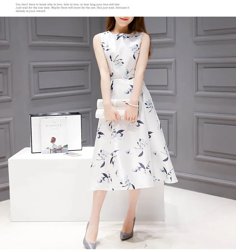Europe Summer Women Korean Printed Mid-Length Sleeveless Slimming Slim-Look A-Line Dress