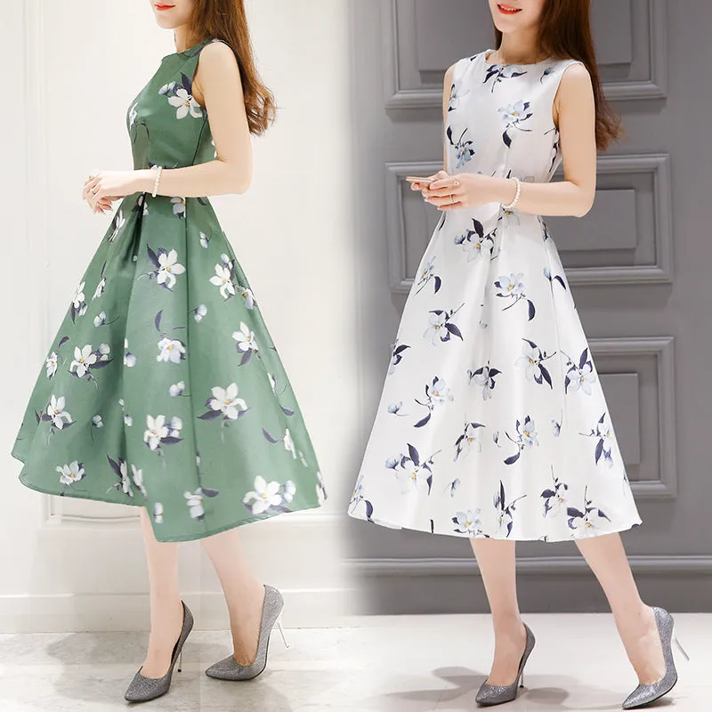 Europe Summer Women Korean Printed Mid-Length Sleeveless Slimming Slim-Look A-Line Dress
