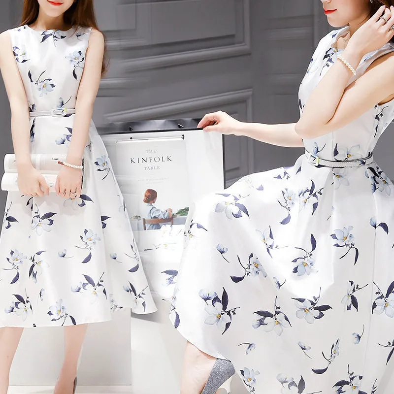Europe Summer Women Korean Printed Mid-Length Sleeveless Slimming Slim-Look A-Line Dress