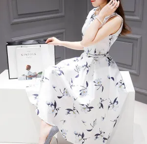 Europe Summer Women Korean Printed Mid-Length Sleeveless Slimming Slim-Look A-Line Dress