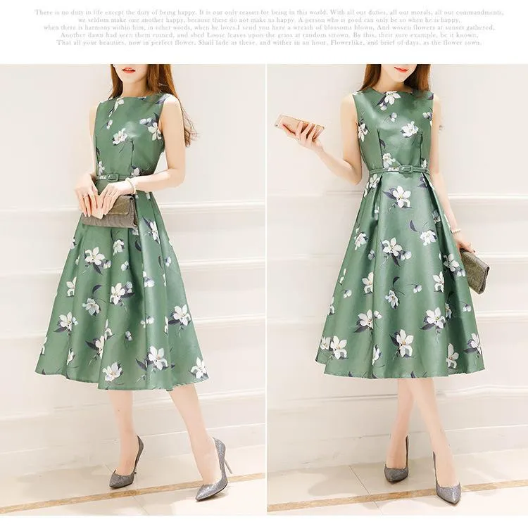 Europe Summer Women Korean Printed Mid-Length Sleeveless Slimming Slim-Look A-Line Dress