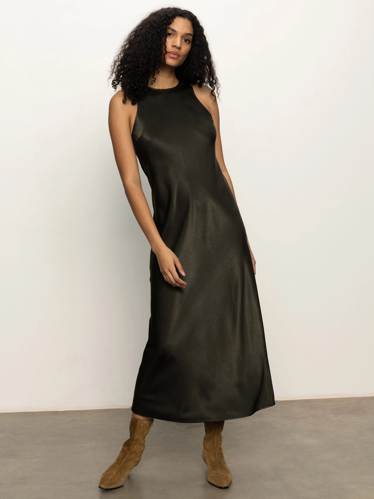 Everyday Satin Dress Black Olive soft fit Social Ease