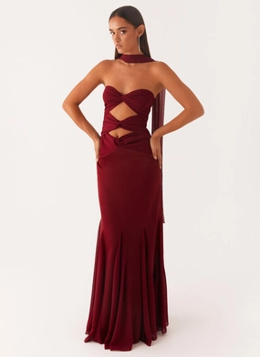 Exclusive Design Melrose Satin Chiffon Maxi Dress - Deep Red Versatile Layer Wear Button-Cuff Melrose Satin Chiffon Maxi Dress - Deep Red