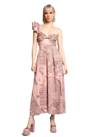 Expandable Cuff Mechanism One-Shoulder Pleated Dress - California Map One-Shoulder Pleated Dress - California Map Tulle-Overlay