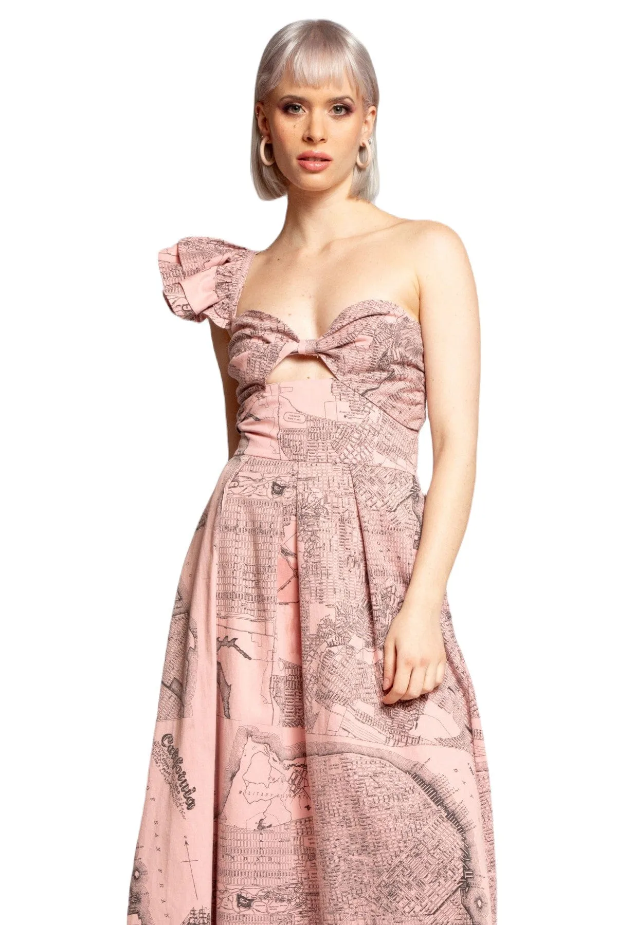 One-Shoulder Pleated Dress - California Map Simplistic Mood