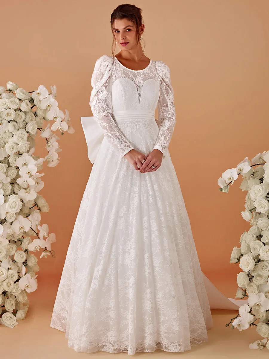 Exquisite Round Neck Leg-Of-Mutton Lace Wedding Dresses