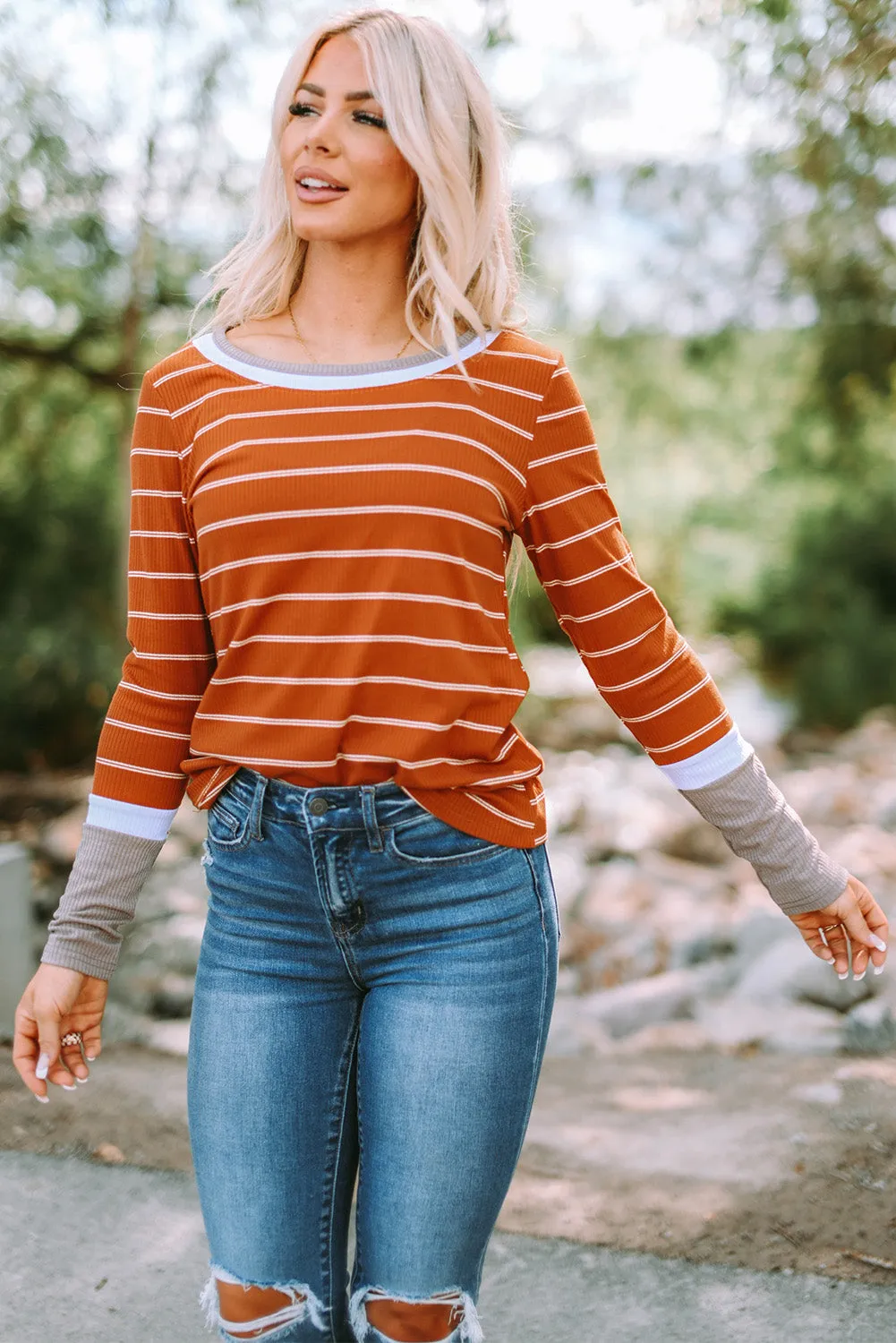 Extend Cuffs Rib Knit Striped Pullover