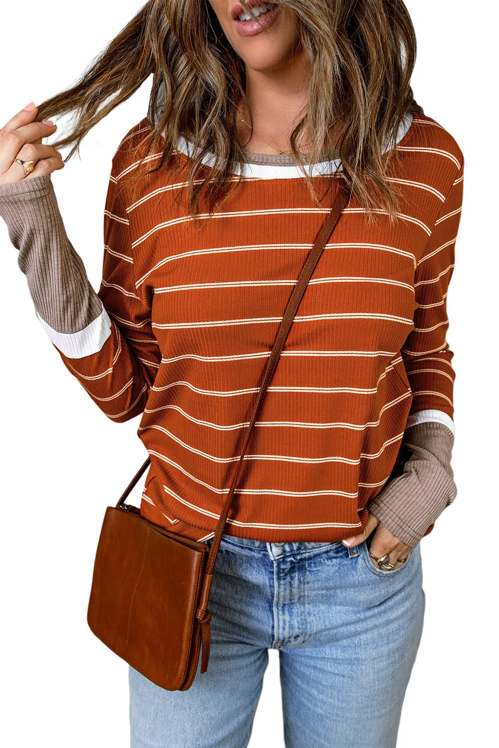 Extend Cuffs Rib Knit Striped Pullover