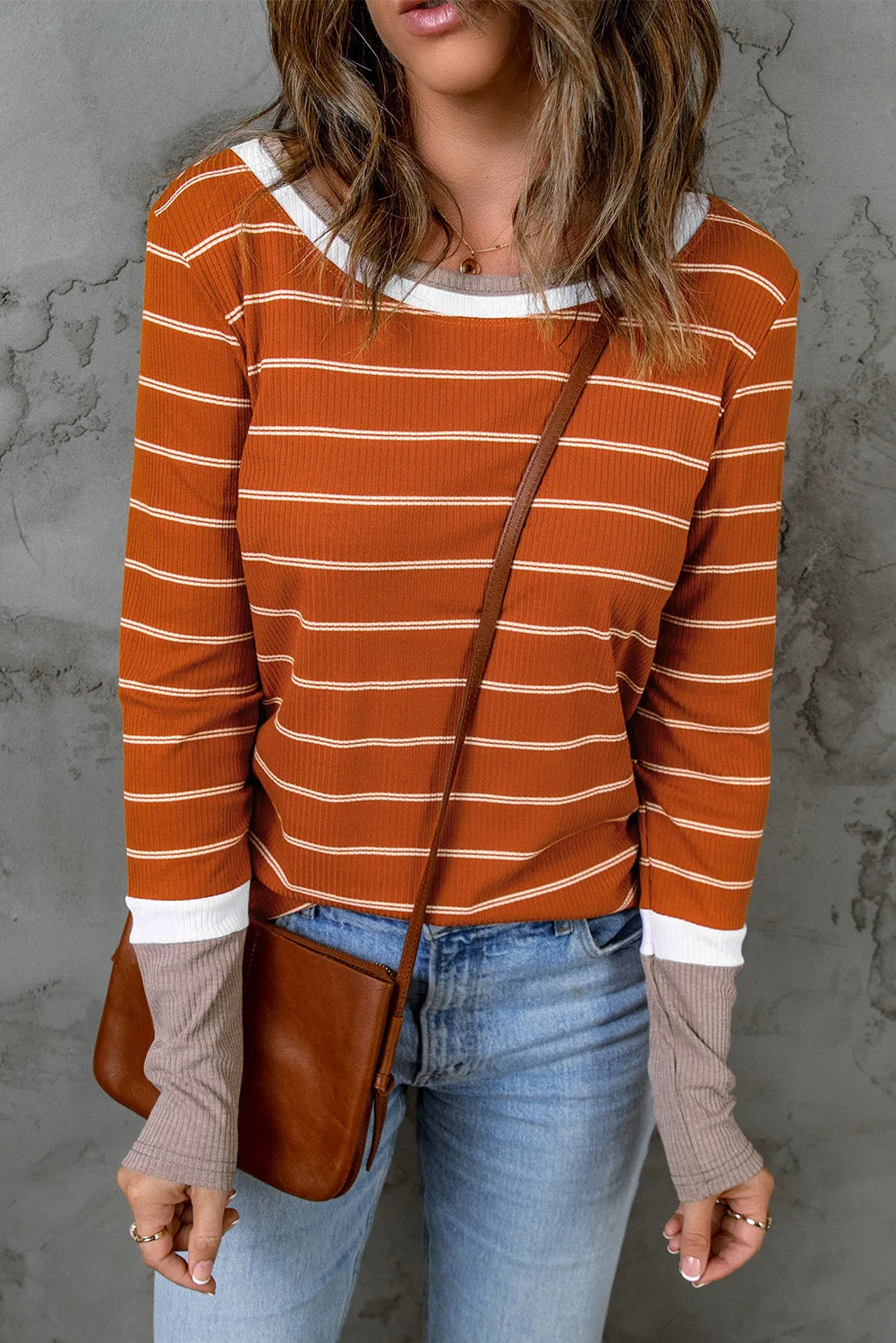 Extend Cuffs Rib Knit Striped Pullover