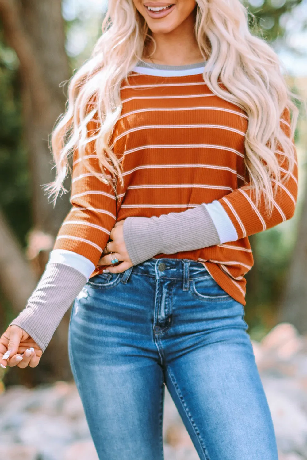 Extend Cuffs Rib Knit Striped Pullover