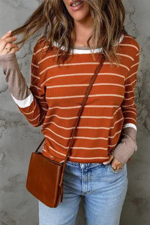 Extend Cuffs Rib Knit Striped Pullover