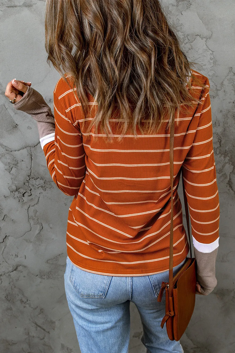 Extend Cuffs Rib Knit Striped Pullover