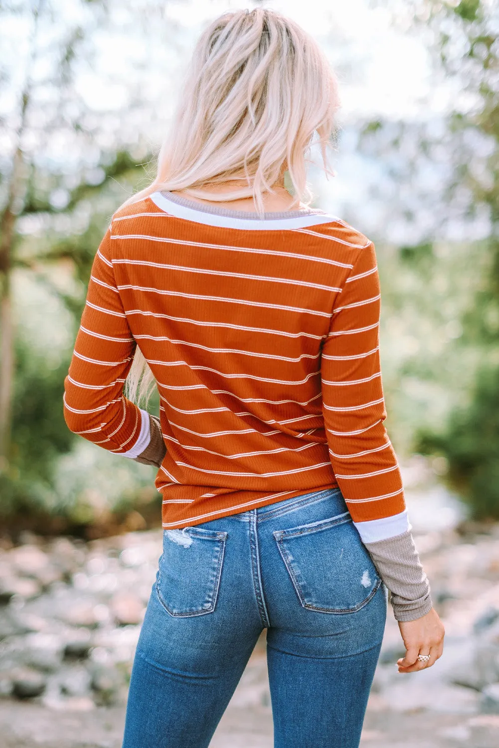 Extend Cuffs Rib Knit Striped Pullover