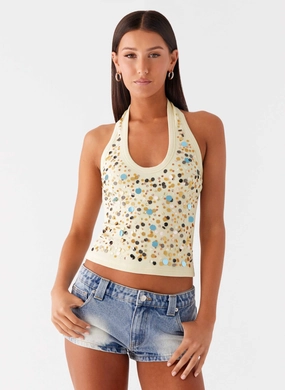 Eye Contact Sequin Halter Top - Yellow Stretch waistband Stylish T-shirt Eye Contact Sequin Halter Top - Yellow