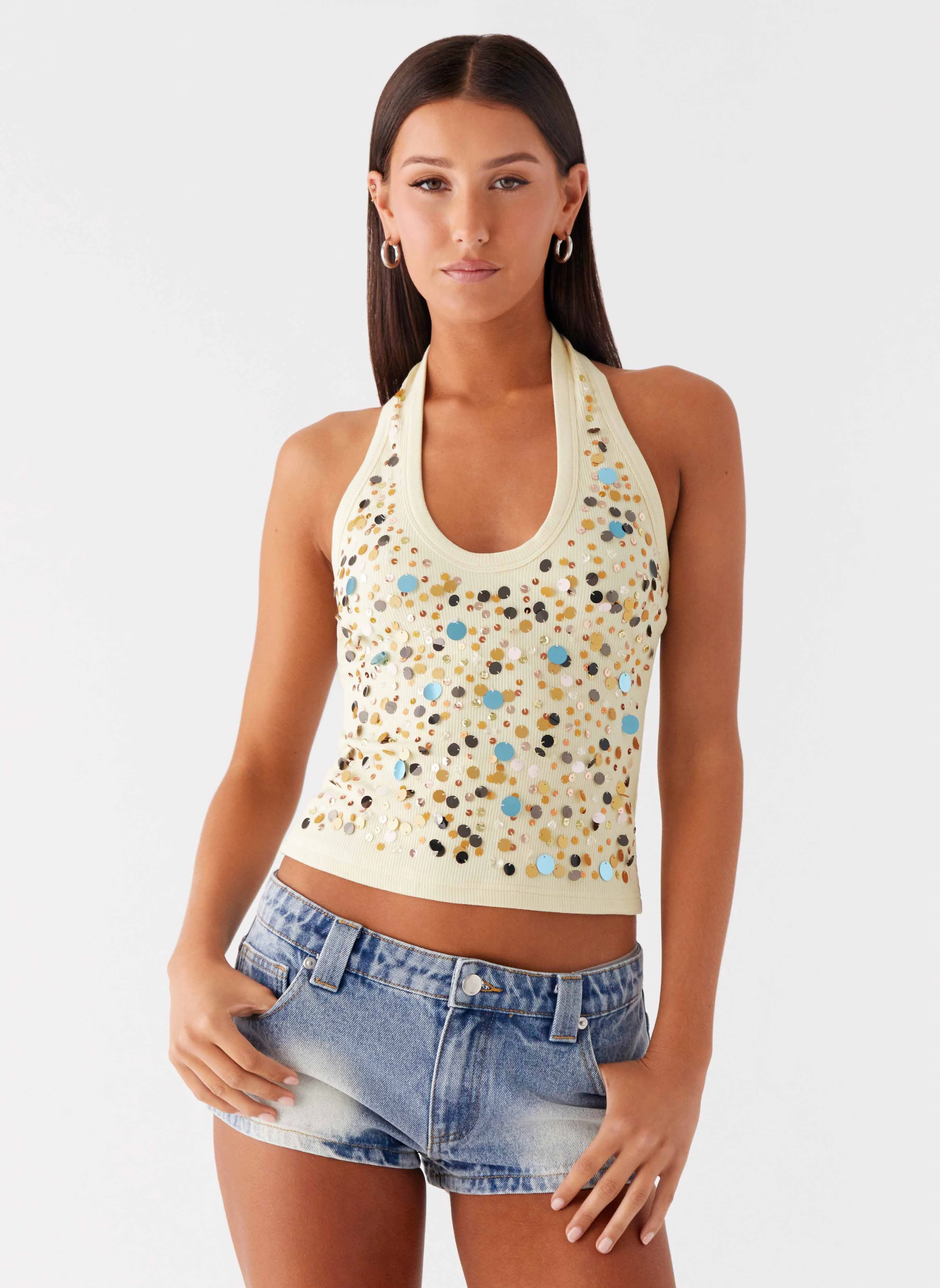 Stylish T-shirt Eye Contact Sequin Halter Top - Yellow