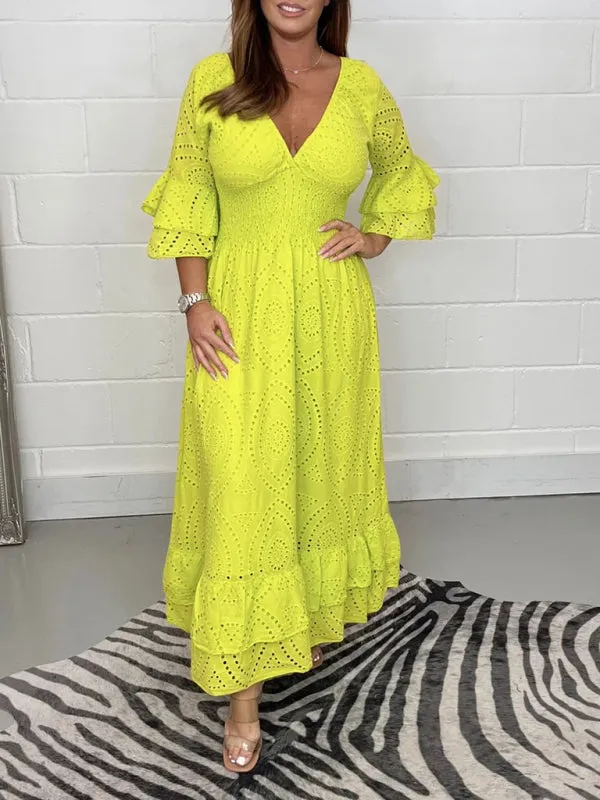 Eyelet Cotton Flared Sleeve Ruffle Hem Maxi Dress
