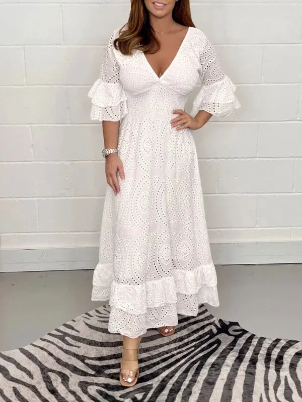 Eyelet Cotton Flared Sleeve Ruffle Hem Maxi Dress