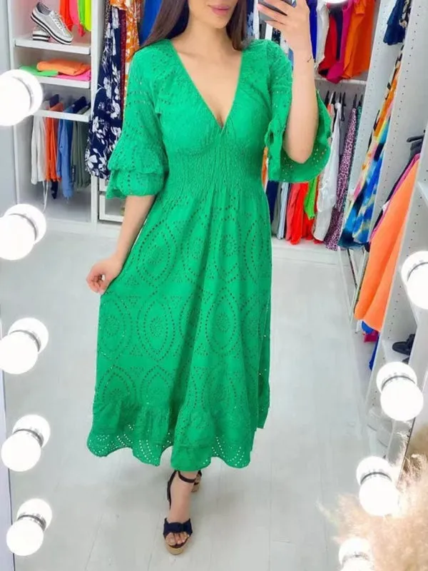 Eyelet Cotton Flared Sleeve Ruffle Hem Maxi Dress