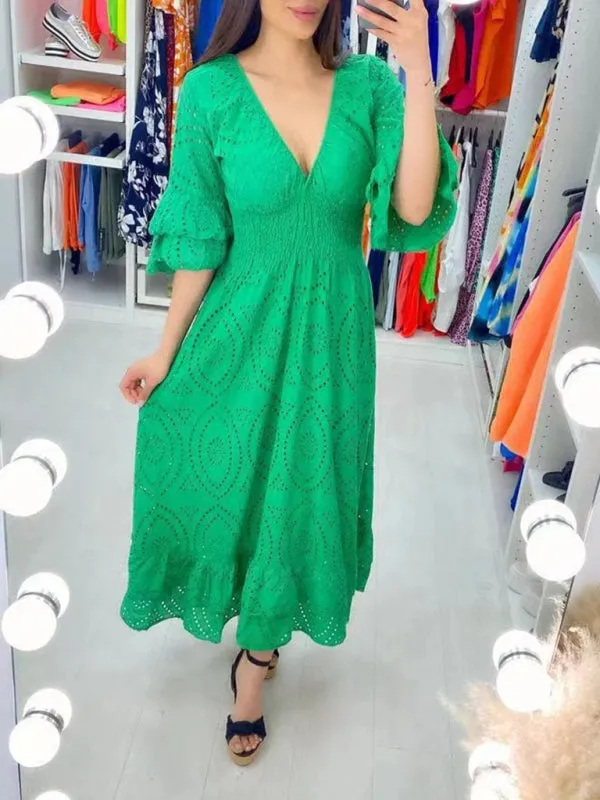 Eyelet Cotton Flared Sleeve Ruffle Hem Maxi Dress