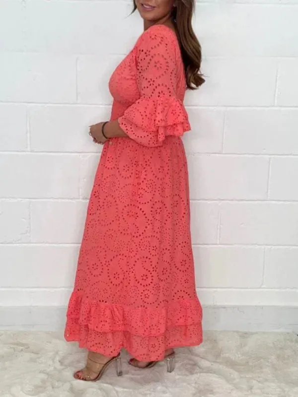 Eyelet Cotton Flared Sleeve Ruffle Hem Maxi Dress