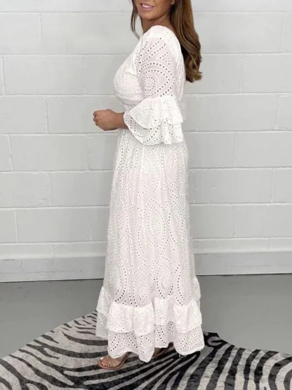 Eyelet Cotton Flared Sleeve Ruffle Hem Maxi Dress