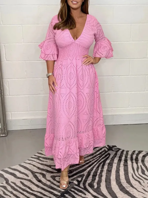 Eyelet Cotton Flared Sleeve Ruffle Hem Maxi Dress