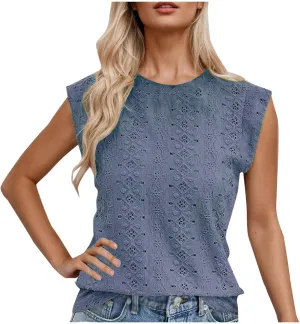 Eyelet Embroidery Shirts for Women Summer Crew Neck Cap Sleeve Tank Tops Casual Fashion Basic Beach Vacation Blouses