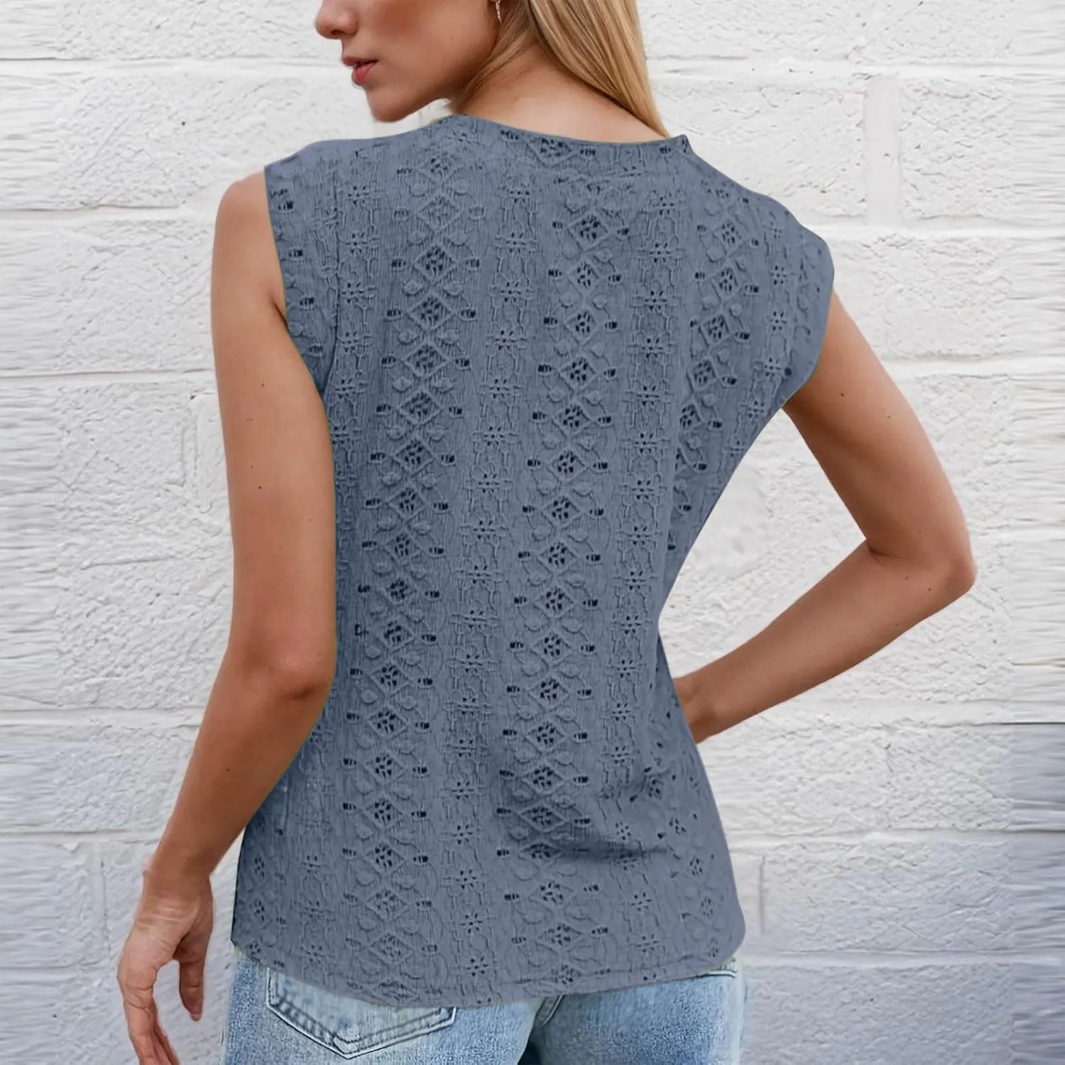 Eyelet Embroidery Shirts for Women Summer Crew Neck Cap Sleeve Tank Tops Casual Fashion Basic Beach Vacation Blouses