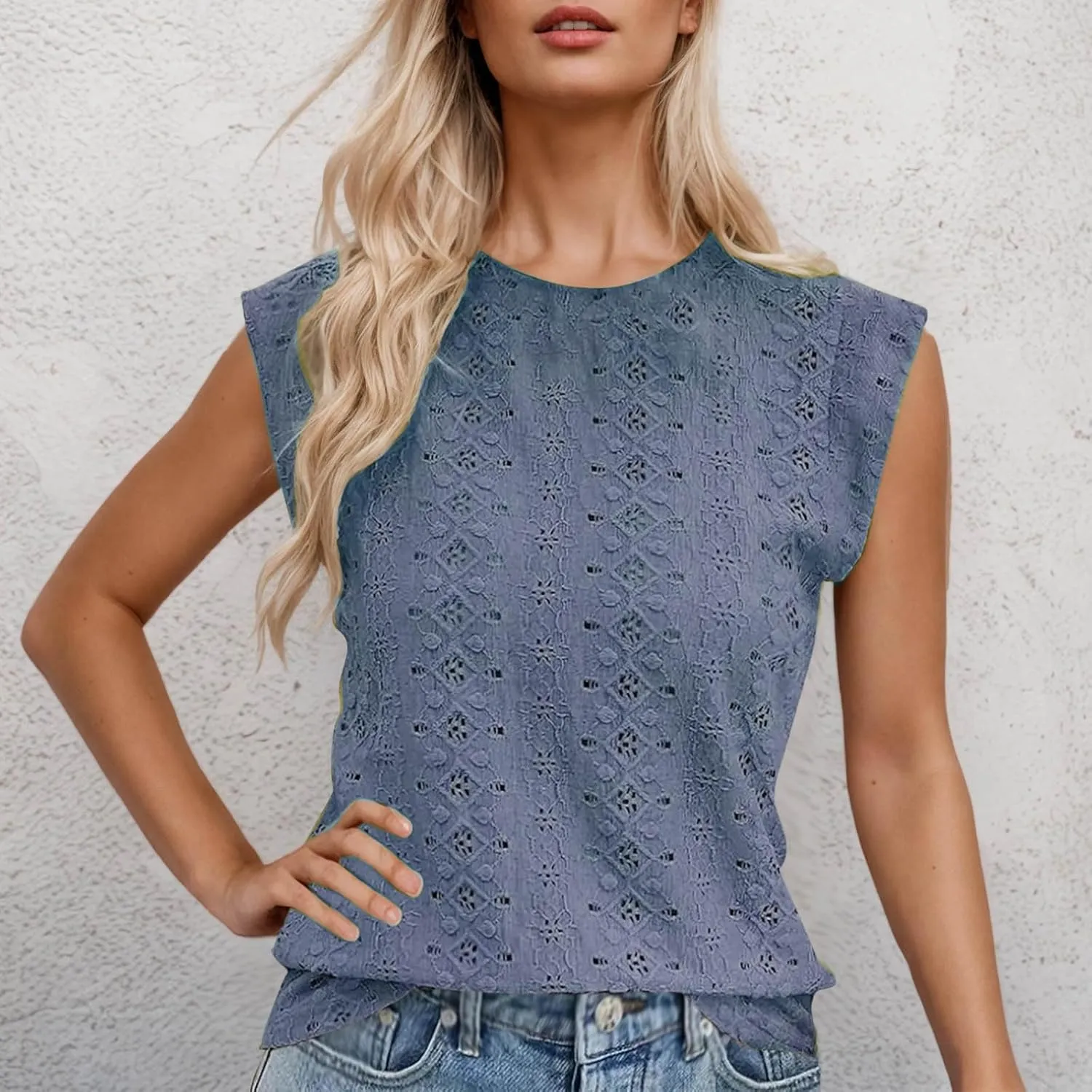 Eyelet Embroidery Shirts for Women Summer Crew Neck Cap Sleeve Tank Tops Casual Fashion Basic Beach Vacation Blouses