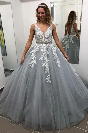 Fabulous Long A-line V-neck Spaghetti Straps Tulle Backless Prom Dress