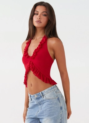 FadeResistant Dye Tanya Mesh Frill Top - Red Tanya Mesh Frill Top - Red Double Layered Fabric