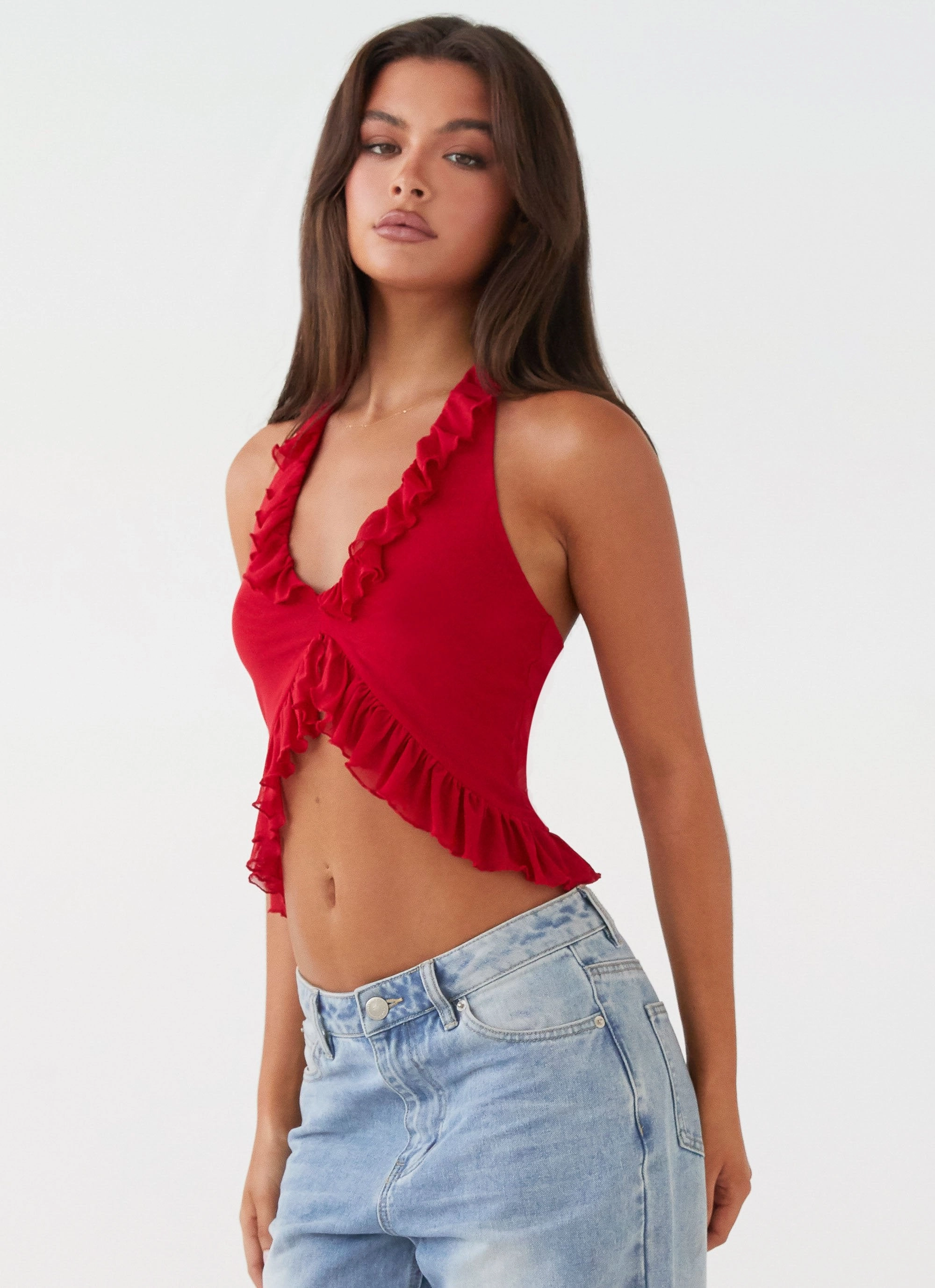Tanya Mesh Frill Top - Red Double Layered Fabric