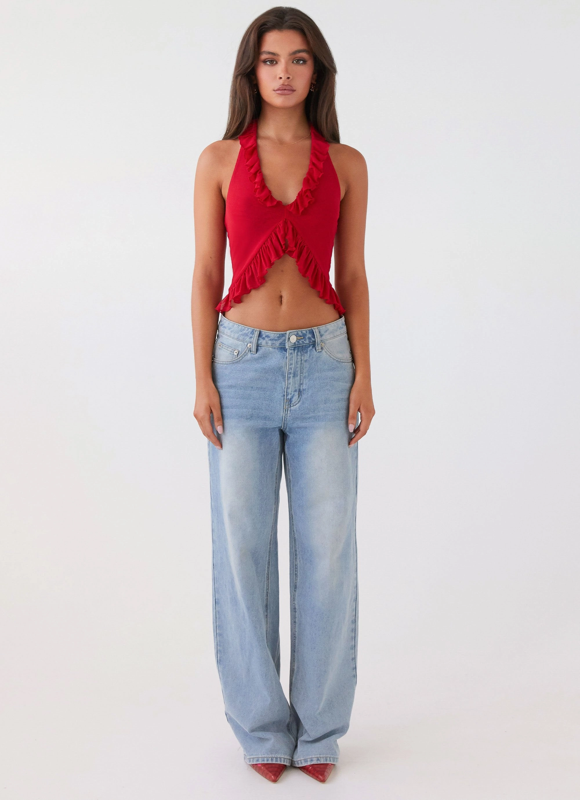 Comfortable fit Tanya Mesh Frill Top - Red