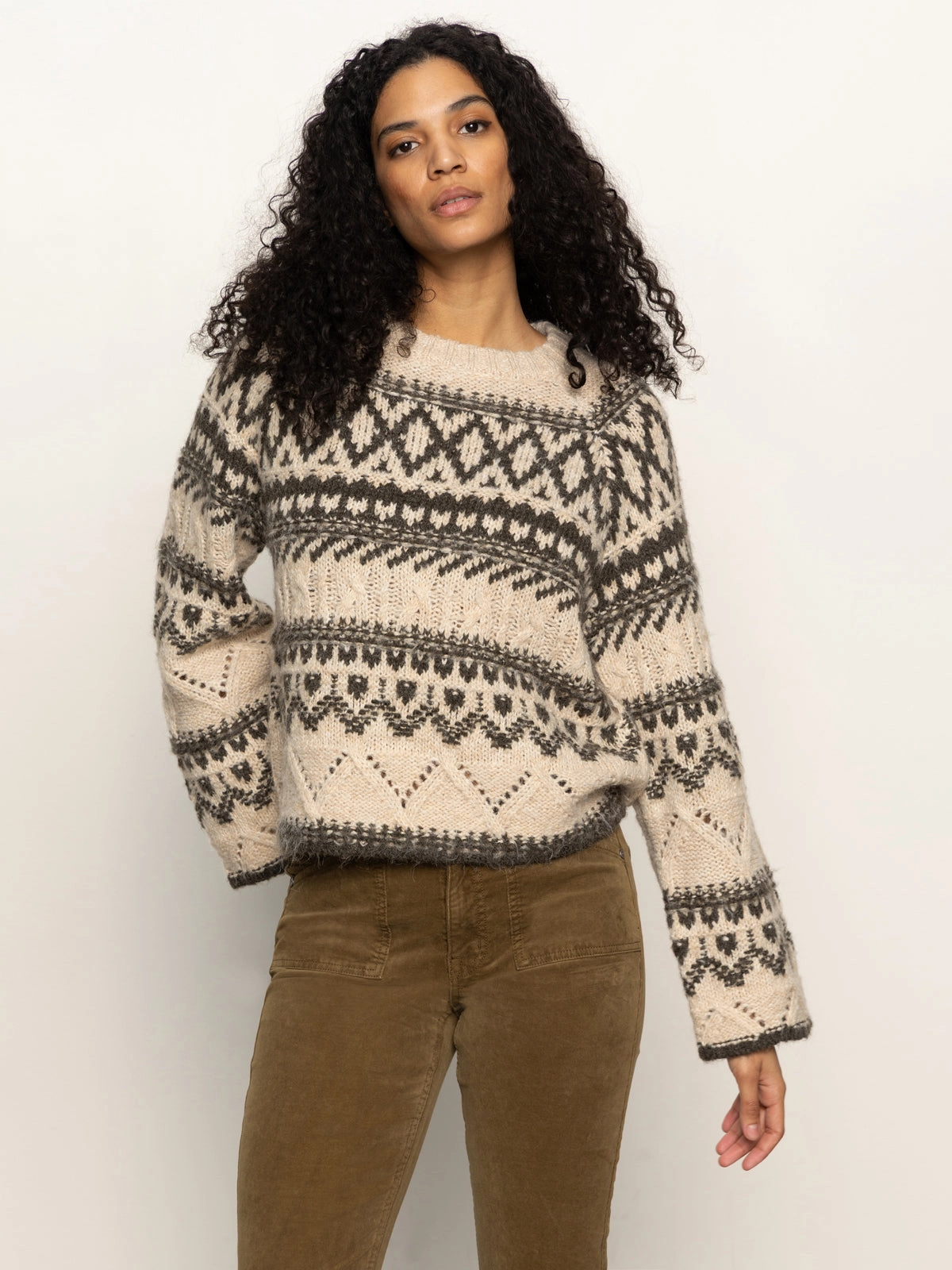Fairisle Crew Neck Sweater Light Oat Multi Minimal Shrinkage