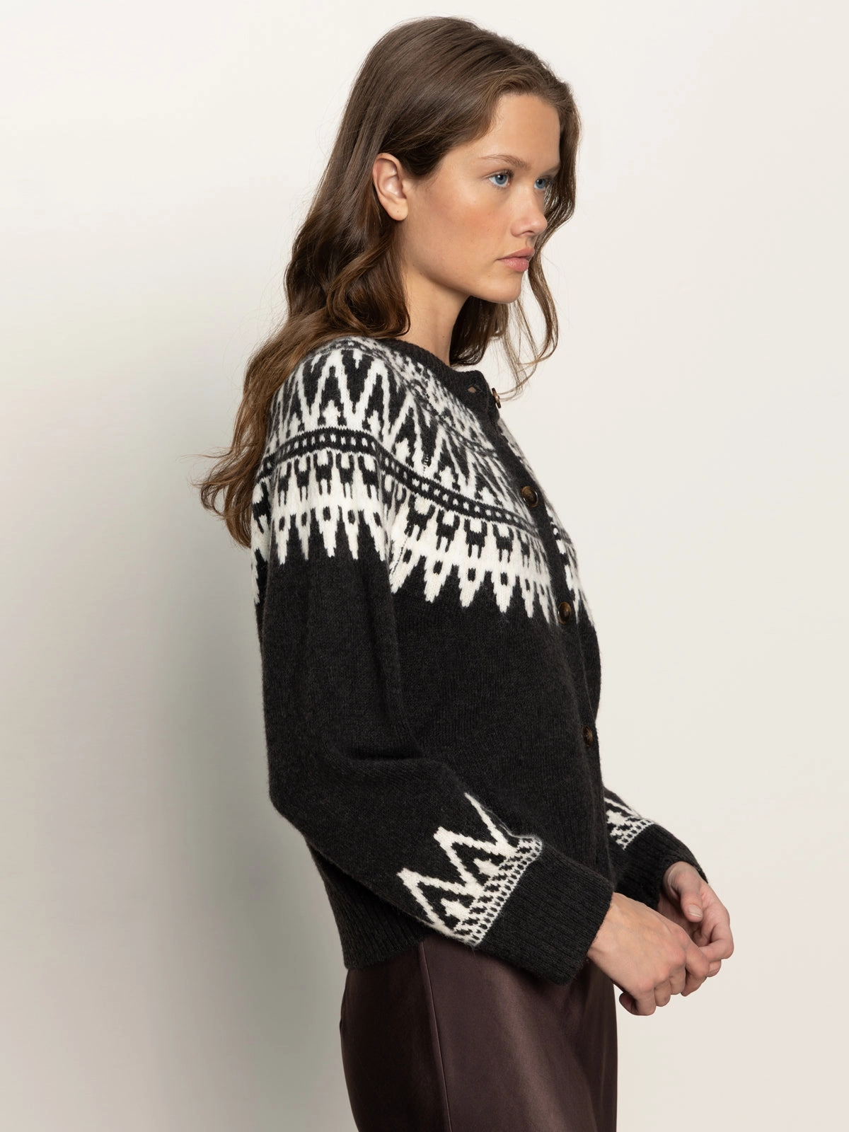 Lightweight Open Weave MoistureWicking Texture Fairisle Crewneck Cardi Ink Multi